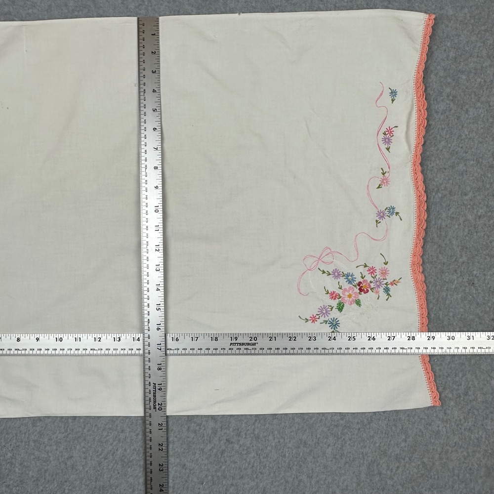 Vintage Hand Embroidered Floral Pillowcase White Cotton Peach Crochet Lace Trim - Picture 2 of 11